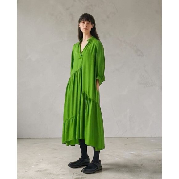 Toast Dresses & Skirts - Toast Tiered Crinkle Twill Dress Spruce Green Midi Asymmetric Oversized Medium